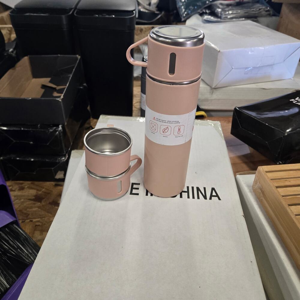 Vacuum Flask Set 17oz - Insulated Water Bottle thermos 3 Cups - Pink